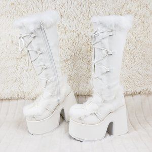 Camel 311 White furry goth punk Platform Knee Boot